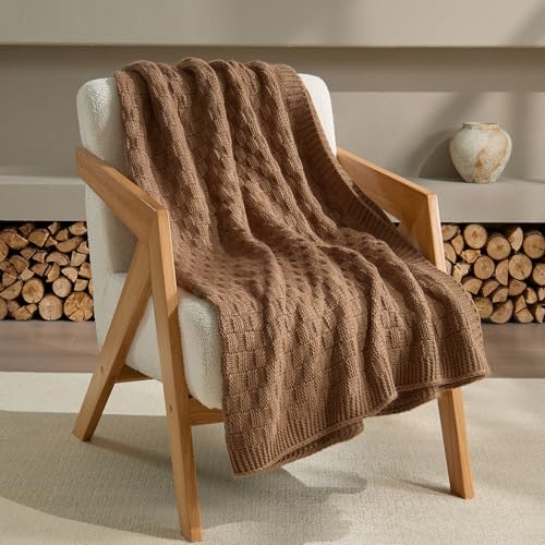 Light Brown Throw Blanket, Cute Checkerboard Knit, 60x80 Inches | Soft Cozy Lightweight Knit Blanket for Couch Bed, Warm Breathable Reversible Textured Oversized Knit Blanket, Caramel Brown - color: Check-light Brown, size: 60"x80"
