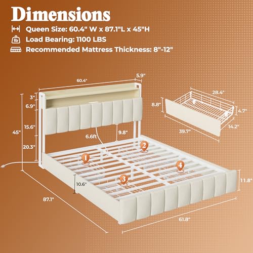 Bed Frame Queen Size with Upholstered Headboard & Charging Station, Queen Bed Frame with 4 Storage Drawers, 2-Tier Open Shelves, No Box Spring Needed, Slient Foam Strip, Easy Assembly, Beige - color: Beige, size: Queen