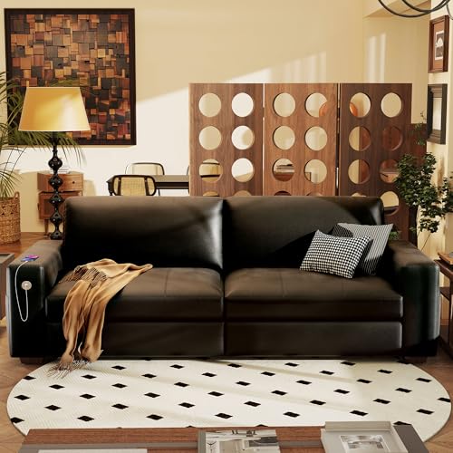 Hanherry Faux Leather 89" Sofa for Living Room, Modern Comfy Couch with Medium Firm Seat Cushion, Removable Cover,Wide Armrest,USB/Type-C Port,Couches for Small Space,Apartment - color: Leather Black, size: 89 Inch