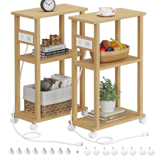 TUTOTAK Small Narrow Side Table, Set of 2 Skinny End Table | for Small Spaces, Slim Nightstand with USB Ports and Outlet,Sofa Beside Table with Wheels, Natural TB01BN047 - color: Natural, size: 2 PC, style: With Plug