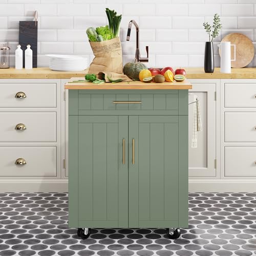 Shintenchi Kitchen Island cart with Storage, Portable Bar Cabinet on Wheels, Rolling Microwave Cart Side Table with Workstation for Kitchen, Dinning Room, Green - color: Green-26 Inch