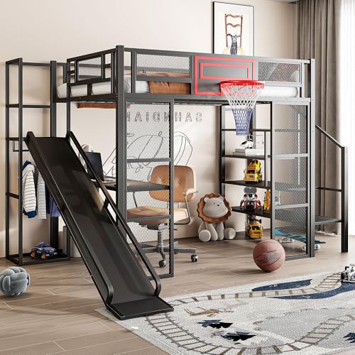 LUMISOL Full Size Loft Bed with Desk and Stairs, Heavy Duty Metal Loft Bed Frame with Storage Shelves and Basketball Hoop, Noise Free, No Box Spring Needed, Black - color: Black, size: Full with Slide