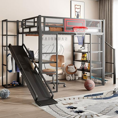 LUMISOL Full Size Loft Bed with Desk and Stairs, Heavy Duty Metal Loft Bed Frame with Storage Shelves and Basketball Hoop, Noise Free, No Box Spring Needed, Black - color: Black, size: Full with Slide
