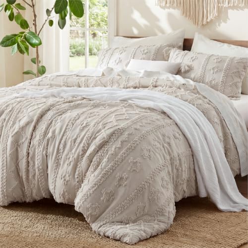 Bedsure Tufted Boho Comforter Set Twin Size - Linen Boho Bed Set, GentleSoft™ 2 Pieces Farmhouse-Style Embroidery Bedding, Gifts for Woman, Soft Jacquard Kids' Twin Comforter for All Seasons - color: 08 - Linen - Elegant, size: Twin/Twin XL