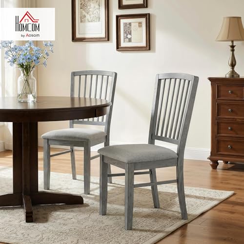 HOMCOM Farmhouse Dining Chairs Set of 2 Rubberwood Legs, Rustic Gray | Upholstered Linen Fabric, Kitchen Chairs, for Kitchen, Dining Room - color: Rustic Gray