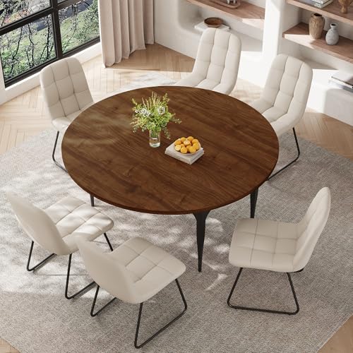 HIPIHOM Expandable Folding Dining Table Set, 55-Inch Round to Square Table with 6 Upholstered Chairs, Metal Frame, for Dining Room or Apartment (Round Table + 6 White Chairs) - color: Round Table + 6 White Chairs