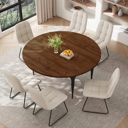 HIPIHOM Expandable Folding Dining Table Set, 55-Inch Round to Square Table with 6 Upholstered Chairs, Metal Frame, for Dining Room or Apartment (Round Table + 6 White Chairs) - color: Round Table + 6 White Chairs