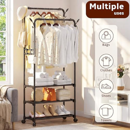 Double Rod Rolling Metal Clothes Rack | Freestanding Garment Organizer With Wheels, Hooks & Shelves, Multi-Functional Storage For Shoes, Clothes & Bags, Ideal For Bedroom Laundry Living Room