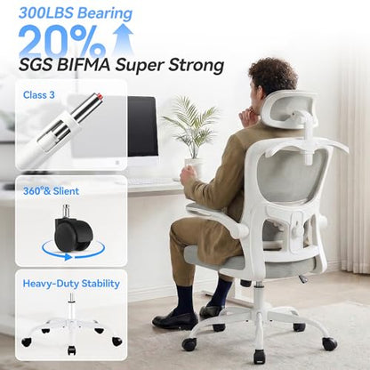 Ergonomic Office Chair, Desk Chair with Adjustable Lumbar Support | High Back Breathable Mesh Computer Chair with Adjustable Headrest,Hanger,Flip Up Armrest and Rocking Function for Home Office - color: Grey