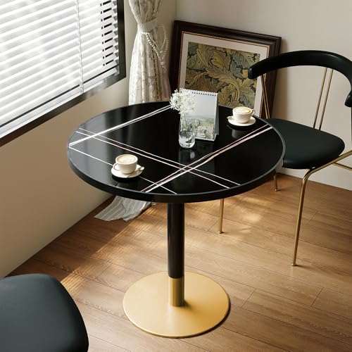 31.5'' Tulip Table, Round Dining Table with Sintered Stone Tabletop | Black Aluminum Alloy Edge & Gold Pedestal, Bistro Table for Dining Room/Café/Small Spaces/Restaurant (Black Gold Vein) - color: Black Gold Vein (Black Edge), size: Round