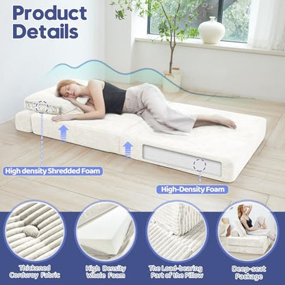 Convertible Floor Couch,NoWall Needed Sleeper Lounger Space-Saving | Convertible couch provides ample guest resting space.Detachable washable cover maintains long-term freshness and cleanliness. - color: Creamy Apricot, size: Twin