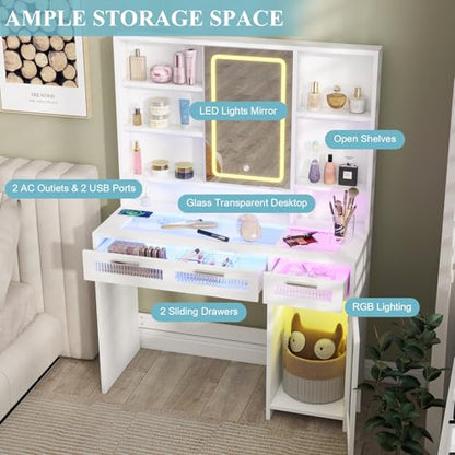Hadulcet White Vanity Desk with Mirror and Lights, Makeup Vanity with Power Outlet & 10 Shelves, RGB LED Vanity with Drawers, 3 Modes Adjustable Brightness - color: White, size: 15.8"D x 42.9"W x 57.1"H