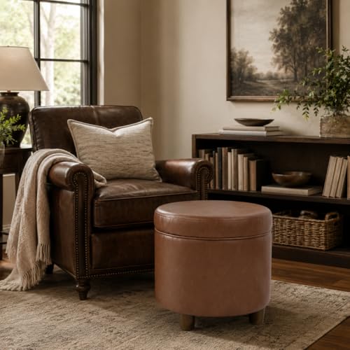 HomePop 19" Round Storage Ottoman - Chestnut Brown Faux Leather - color: Chestnut Brown Faux Leather