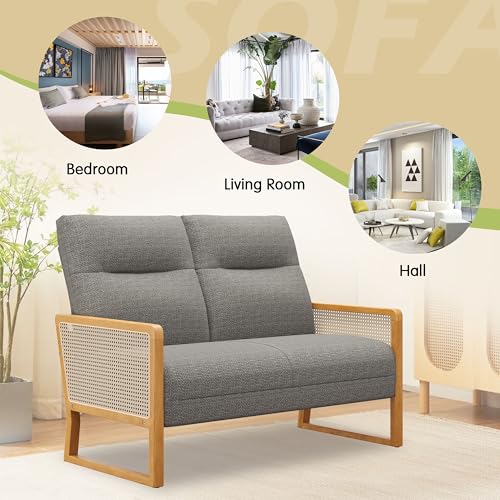 Alunaune Modern Loveseat Bench Couch with Natural Rattan Arm, Upholstered Linen Small Love Seat Sofa 2-Seats Living Room Couch Settee, Comfy Lounge Recliner Chair-Taupe - color: Taupe