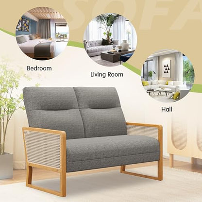 Alunaune Modern Loveseat Bench Couch with Natural Rattan Arm, Upholstered Linen Small Love Seat Sofa 2-Seats Living Room Couch Settee, Comfy Lounge Recliner Chair-Taupe - color: Taupe