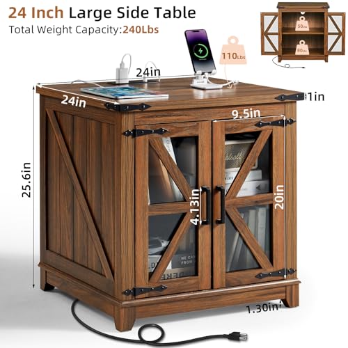 Joaxswe Farmhouse End Table for Living Room, Charger Station | USB Ports, Glass Barn Door, Solid Wood Legs, 24" Large Sofa Side Table, Adjustable Shelf, Brown Square Table for Bedroom - color: Brown, size: Set 1