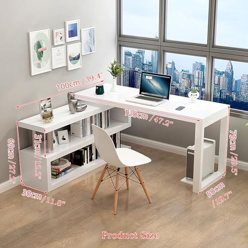 L Shaped Desk with Shelves Reversible Computer Desk with Storage and Stainless Steel Pipe Support,Corner Desk for Small Space,Home Office, Living Room Light-Walnut 47.2''+39.4'' - color: Light-walnut, size: 47.2''+39.4''
