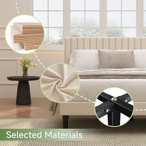 Queen Velvet Bed Frame with Vertical Channel Tufted Headboard Beige | Upholstered Platform Bed, No Box Spring Needed, Noise-Free, Strong Wooden Slat, Durable Metal Frame, Easy Assembly - color: Beige, size: Queen