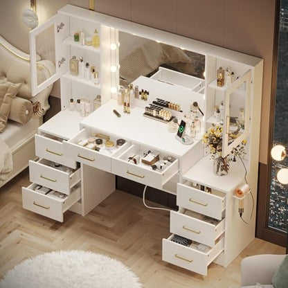 TOKSOM 58.3”Vanity Desk with Mirror and Charging Station, Bedroom Dressing Table, Large Vanity Set, 8 Drawers and 2 Cabinets, Makeup Vanity Table with Charging Station, Without Lights - size: 58.3 inch, style: Modern White