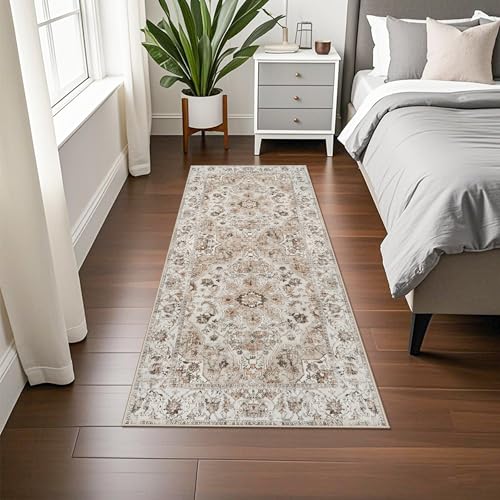 Washable Hallway Runner Rug 2x5: Non Slip Runner Rugs with Rubber Backing | Soft Kitchen Rug Farmhouse Distressed Carpet Runner for Living Room Bedroom Bathroom - Thin Beige Rug Lightweight Easy Clean - color: Beige, size: 2' x 5' (Rectangular)