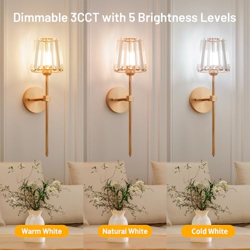 Crystal Battery Operated Wall Sconces Set of 2, Gold Rechargeable Wireless Wall Sconce Lights with Crystal Lampshade, 12 RGB and 3CCT Dimmable Wall Lamps with Remote for Bedroom Living Room Hallway - color: Gold