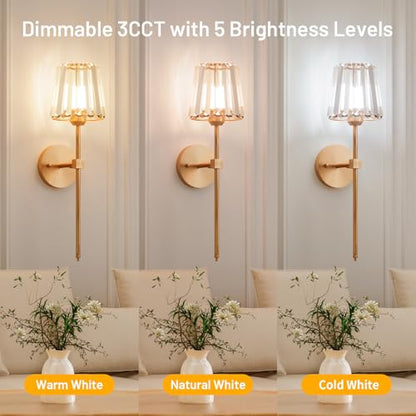 Crystal Battery Operated Wall Sconces Set of 2, Gold Rechargeable Wireless Wall Sconce Lights with Crystal Lampshade, 12 RGB and 3CCT Dimmable Wall Lamps with Remote for Bedroom Living Room Hallway - color: Gold