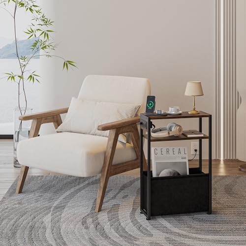 Leomonio Narrow Side Table, Slim End Tables with Fabric Basket, Skinny Table for Small Spaces, Thin Bedside Table for Living Room, Bedroom (1, Rustic Brown - Outlet) - color: Rustic Brown - Outlet