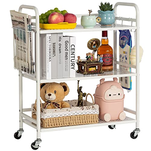 HDANI 3 Tier Metal Mesh Utility Cart,Large Capacity Multipurpose Heavy Vehicle,Rolling Trolley with to Hooks and One Basket(White) - color: White, size: Large Mesh with Basket
