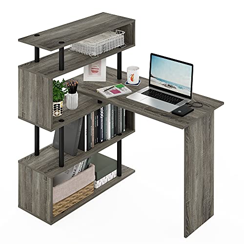 Furinno Classic Desk, 40" Wide L-Shape Gaming Desk, Computer Desk, Writing Desk with 5-Tier S-Shaped Side Shelves for Home Office, Study Room, Dorm, Bedroom, French Oak - color: French Oak/Black, style: 5-Tier Side Shelves