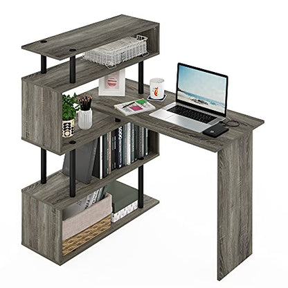 Furinno Classic Desk, 40" Wide L-Shape Gaming Desk, Computer Desk, Writing Desk with 5-Tier S-Shaped Side Shelves for Home Office, Study Room, Dorm, Bedroom, French Oak - color: French Oak/Black, style: 5-Tier Side Shelves