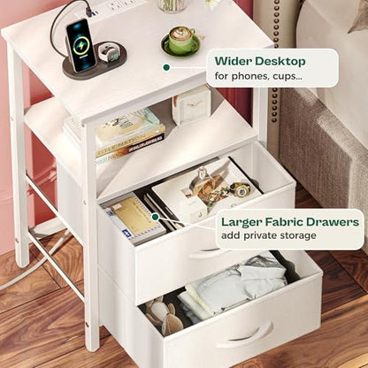 Huuger Night Stand with Charger Station and LED Lights, 2 Drawer Nightstand | Bed Side Table with Open ShelfEnd TableFabric Dresser for Bedroom, PU Leather, White - color: White, size: 11.8"D x 15.7"W x 23.6"H（2 Drawers）