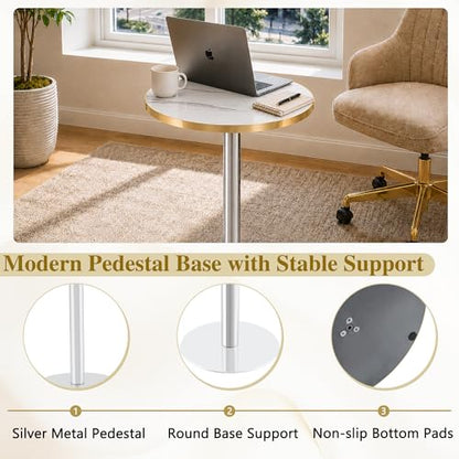 TesNus 23.6" Small Round Dining Table for 2, Circle Tulip Table, Faux Marble Top with Silver Metal Pedestal Base, Modern Leisure Coffee Table for Small Spaces, Cafe, Office, White&Silver - color: White Top&silver Base