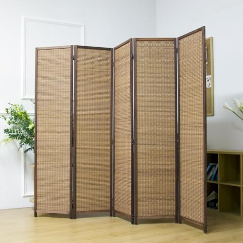 5 Panel Bamboo Room Divider Screen,5.6 FT Tall Bamboo Divider Folding Privacy Screen,Freestanding Panel Divider for Room Seperation,Brown - color: Brown, size: 5 Panel