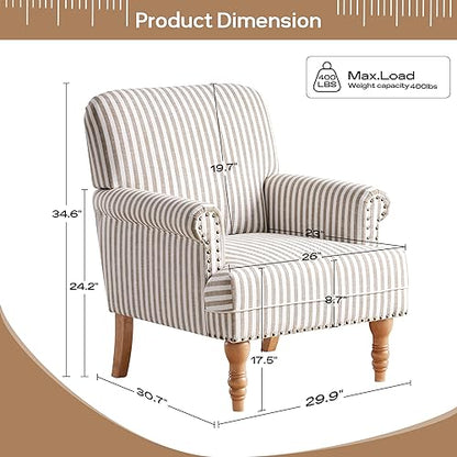 HUIMO Linen Fabric Accent Chair, Mid-Century Modern Armchair with Solid Wood Legs, Single Sofa Chair,Upholstered Reading Club Chair (1, Brown and White Stripe) - color: Brown and White Stripe