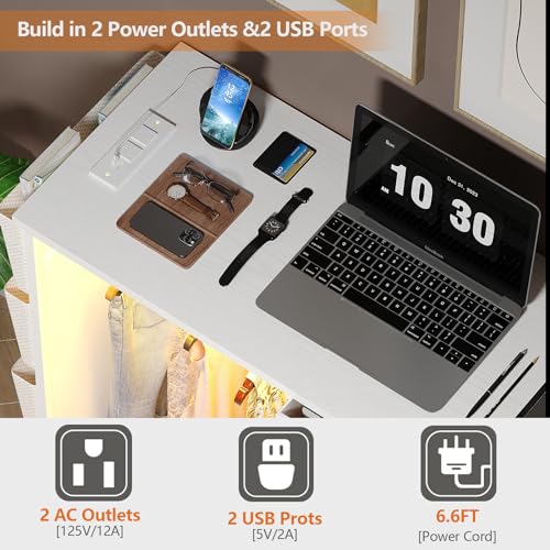 6 Drawer Dresser for Bedroom with Clothes Rack, Clothes Dresser with Side Pockets and Hooks, Charging Station & LED Lights, Wooden Top, Fabric Storage (White) - color: White