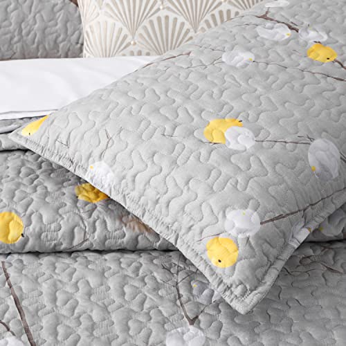 DURLENGEN Quilt Set Queen Size 3Pcs,Grey Branch with Yellow Turquoise Polka Dot Pattern,Soft Microfiber Lightweight Bedspread for All Season Layering(Queen 90x96,Botanical Grey) - color: Botanical Grey, size: Queen(90" x 96")