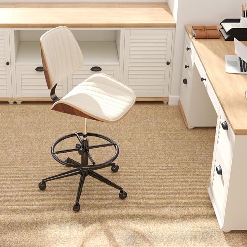 Drafting Chair for Standing Desk, Armless Tall Office Chair with Bentwood Backrest, Adjustable Height, Footrest Ring and Swivel Seat, PU Leather (Ivory) - color: Ivory