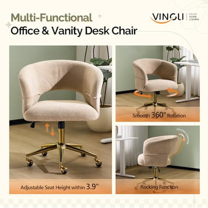 VINGLI Modern Curved Office & Vanity Desk Chair, Cute Upholstered Nail Chair with Wheels & 360° Swivel & Club & Tilting & Gold Base, for Bedroom, Living Room, Makeup, Velvet Chenille, Khaki - color: Khaki
