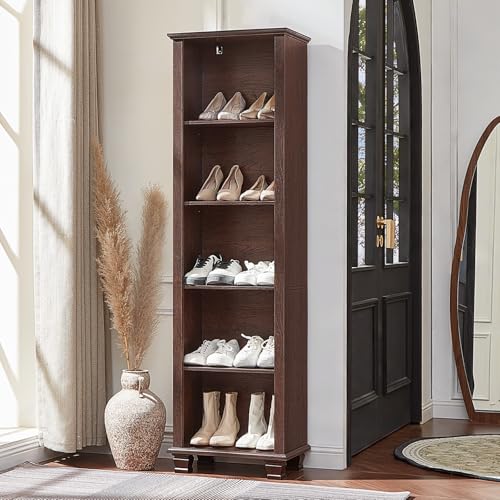 70" Tall Narrow Book Shelf, 5-tire Bookshelf with Adjustable Shelves & Solid Wood Legs, Farmhouse Freestanding Bookcase with Open Storage, Wood Book Case for Office, Living Room, Walnut - color: Walnut