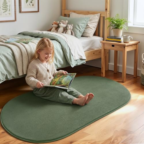 Soft Oval Rug for Bedroom, 2.6 x 5.3 Sage Green Bedroom Bedside Rug | Thickened Memory Foam Rug with Upgraded Non-Slip Silicone Backing, Fluffy Washable Rug for Boys Girls Dorm Nursery Room Decor - color: Sage Green, size: 2.6' x 5.3' (Oval)