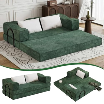 80" King Size Convertible Folding Sofa Bed, Loveseat for Small Spaces | Futon Couch with Memory Foam & 2 Pillows, Chenille Fabric, Apartment, Sleeper Sofa for Living Room, Studio (Green, 80in)