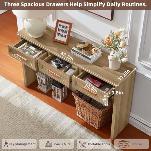 RWYHG 47" Entryway Table with 3 Drawers, Modern Wood Console Table, Oak | Layered Drawer Front Design , Open Bottom Storage, Farmhouse Behind Couch Table, Entry Table for Living Room Hallway& Foyer - color: Oak
