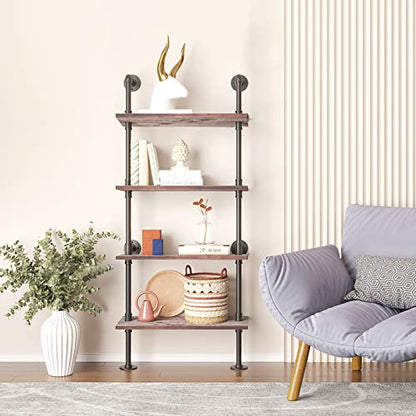 Yuanshikj 4 Tier with 24" Solid Wood Planks, Industrial Pipe Ladder Shelf | Metal Iron Rustic Wall Mounted for Living Room,Office, Decor Storage,Bookshelf - size: 4 Tier With 24" Solid Wood