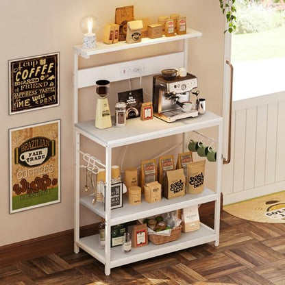SUPERJARE Bakers Rack with Power Outlets, Microwave Stand, 31.5 X 16.5 Inch Larger Desktop, Kitchen Storage Rack with Adjustable Middle Shelf, 6 S-Shaped Hooks, Coffee Bar Stand, White - color: White, size: 31.5 inch