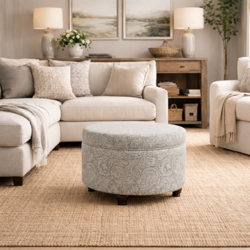 Homepop Home Decor | Upholstered Round Storage Ottoman | Ottoman with Storage for Living Room & Bedroom, Gray Floral - color: Gray Floral