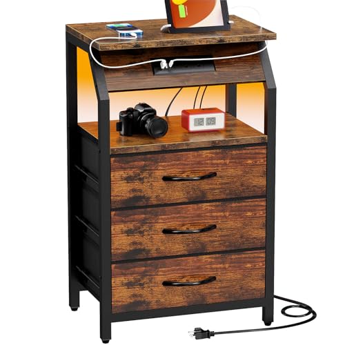 SZLHANJZ End Table with Charging Station, LED Lights and 3 Fabric Drawers | Nightstand, Small Night Stand with Large Fabric Drawers Storage, Retro Side Table for Bedside, Living Room Dorm, Rustic Brown - color: Rustic, size: 3 Drawers - Single