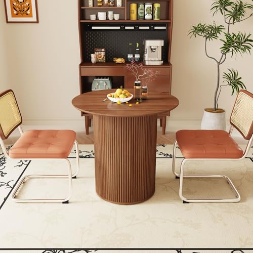 31.5" Round Dining Table for 2 People, Small Kitchen Dinner Table with Fluted Wood Base, Farmhouse Circle Dining Tables for Home, Kitchen, Dining Room, Living Room (Walnut) - color: Walnut