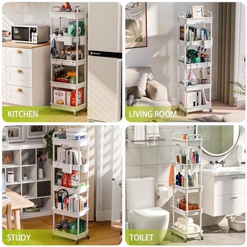 Sorgion 5 Tier Rolling Cart Organizer,Bathroom Cart Organizers with Wheels Laundry Room Organization Mobile Shelving Unit Utility Cart Storage Shelves Multi-Functional for Office, Home(White) - size: 5Tier-White