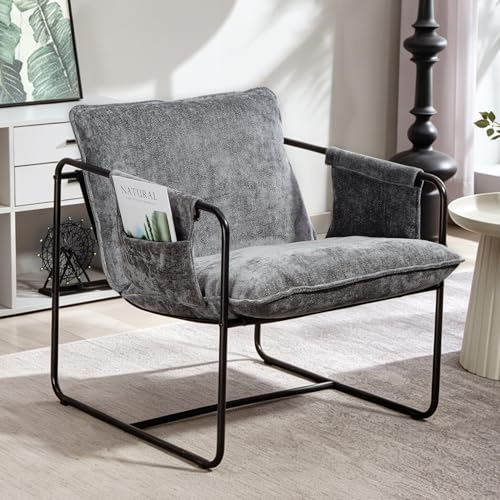Modern Accent Chair Comfortable Living Room Chairs with Armrests, Lounge Chair with Metal Frame Chenille Upholstered Bedroom Reading Chair - color: Grey