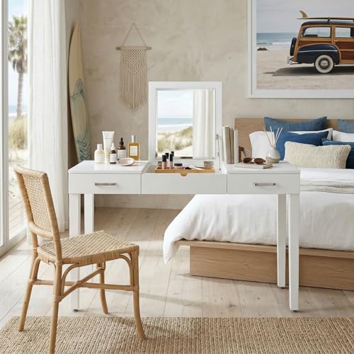 Hives and Honey Parsons Vanity Desk, Lift-Top Mirror, Storage, USB & Power Outlet, 2 Drawers, Smooth Glide, Modern Wood Grain Design, Brushed Chrome Hardware, Makeup & Dressing Table, White - color: White